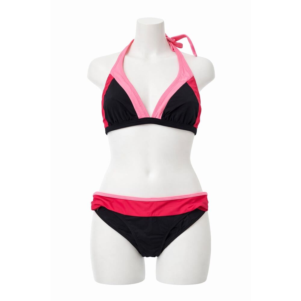 Danskin Womenβs Bikini Set L 12-14 Pink Black Berry Halter Tie Top Bikini Bottom